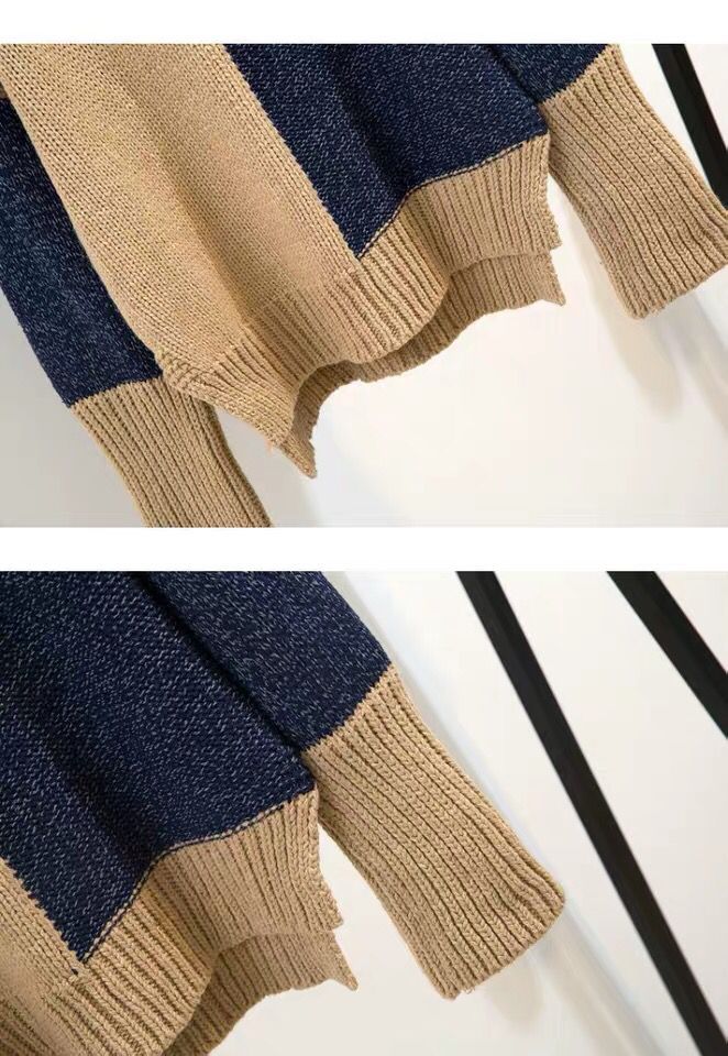 ハイネック オシャレ 配色 ニット セーター+無地 ハイウエスト 学園風 スカート セットアップ