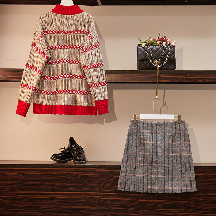 レトロ ルーズ  オシャレ ニット セーター+チェック柄 ハイウエスト 配色 スカート セットアップ