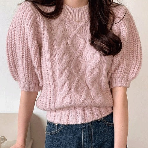 Theoneshopsファッション 半袖 レトロ 気質 ランタンスリーブ 綺麗め 可愛い ニットセーター