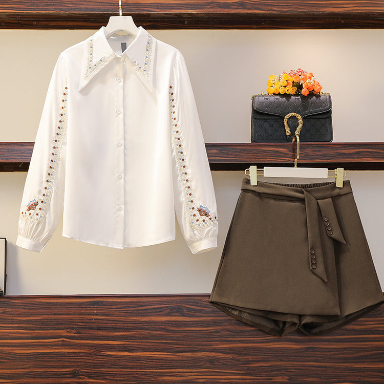 Theoneshopsレディース ファッション 刺繍 ホワイト シャツ2セット コーヒー スカート セットアップ