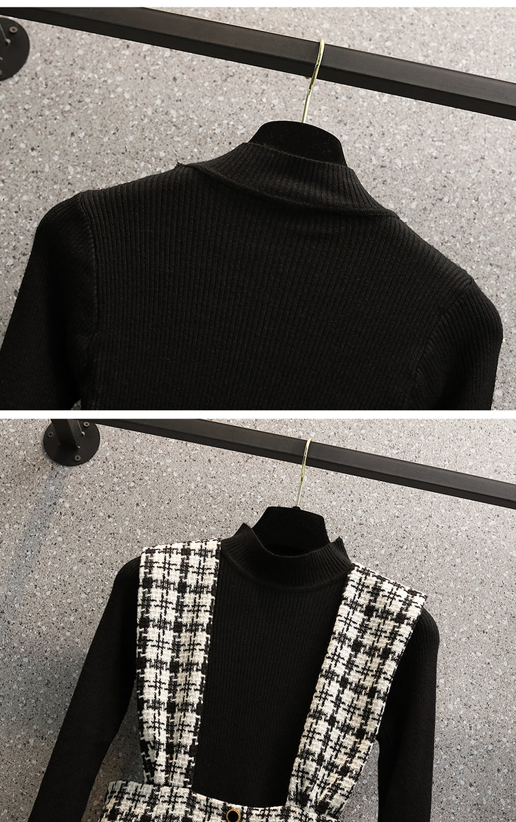 Theoneshopsレトロ 気質 ブラック セーター＋チェック柄 フェミニン 綺麗め ストラップドレス 2セット
