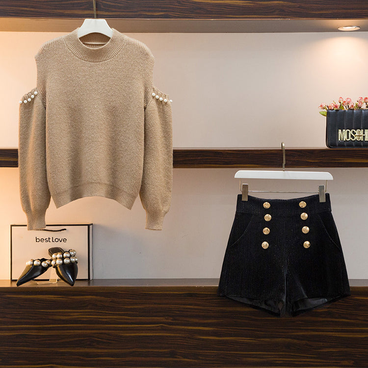 Theoneshopsレディース ファッション ルーズ セーター+ブラック パンツ セットアップ