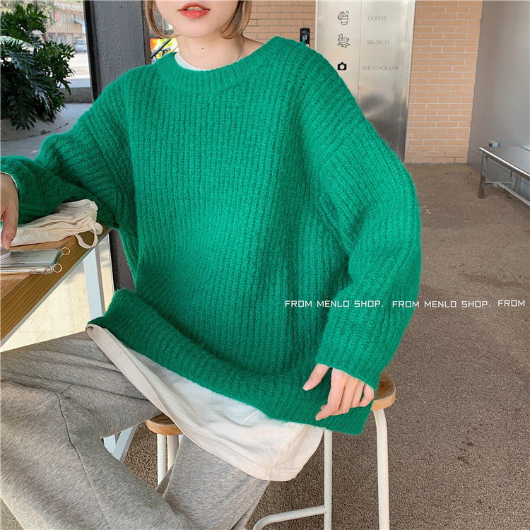 フェミニン ラウンドネック 無地 ルーズ カジュアル 韓国 セーター
