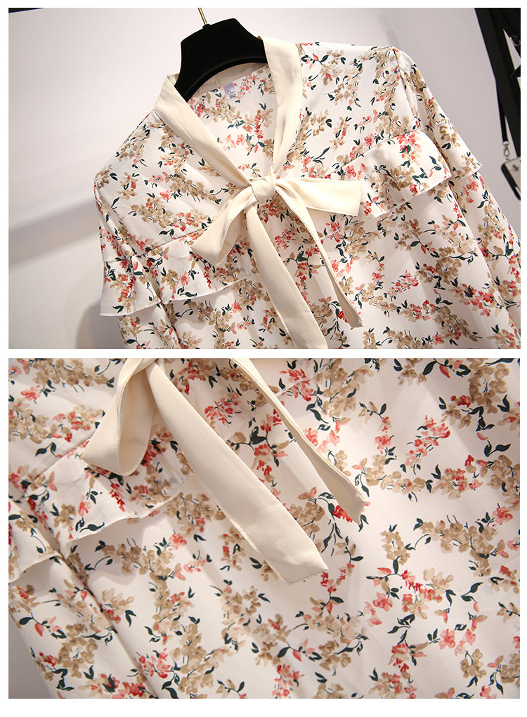 リボンカラー オシャレ 花柄 シャツ+無地 ハイウエスト 学園風 スカート セットアップ