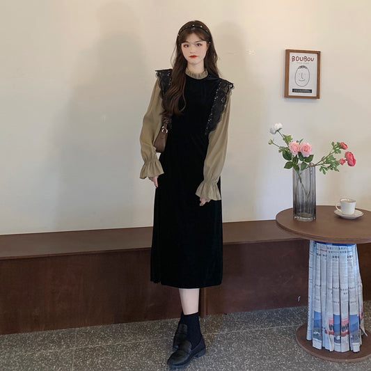 Theoneshopsファッション 洋服 シンプル レトロ レース フェイクレイヤード ワンピース