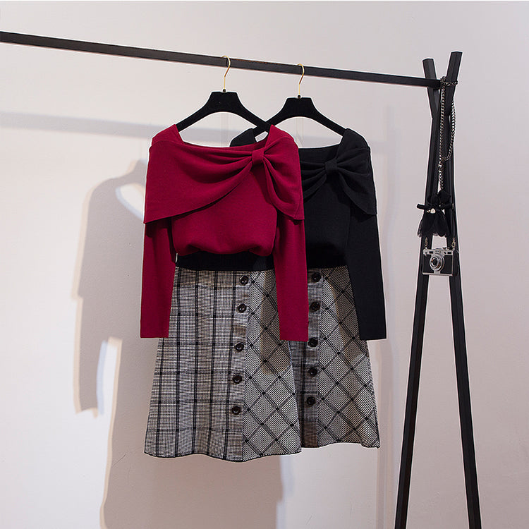 Theoneshopsレディース ファッション オシャレ レッド ニットセーター+チェック柄 スカート セットアップ