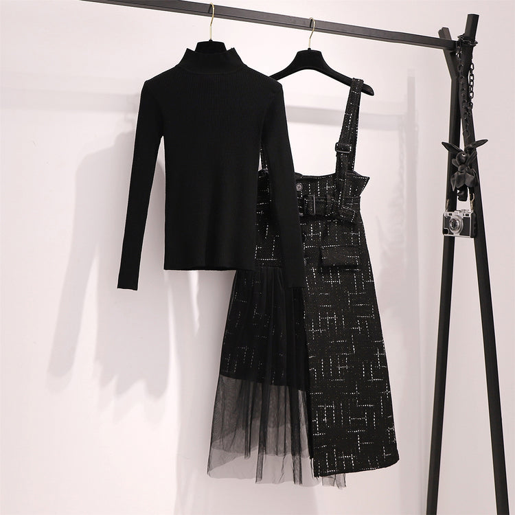 Theoneshopsファッション洋服ブラックハイネックニットセーター×無地ストラップドレス２セット