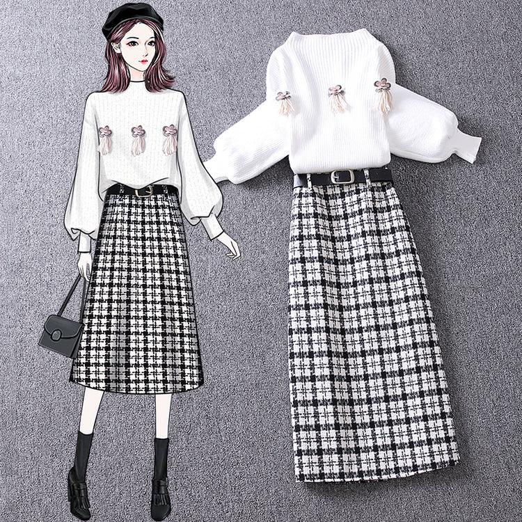 Theoneshopsレディース ファッションハーフハイネックスウェットセーター×チェック柄スカート２セット