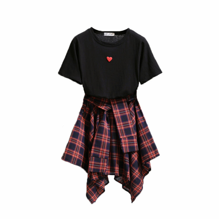 Theoneshopsファッション レディース 通販 ラウンドネック Tシャツ チェック柄 スカート セットアップ