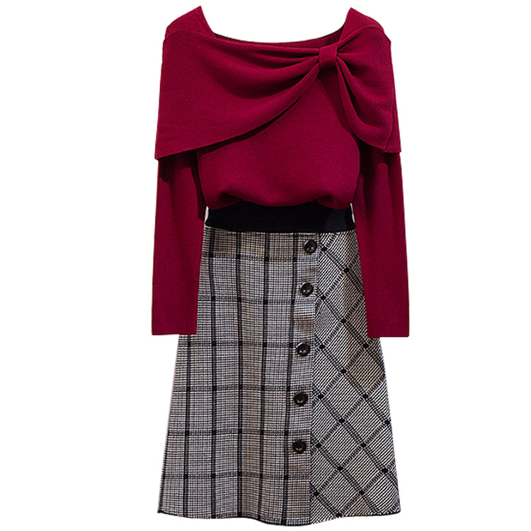 Theoneshopsレディース ファッション オシャレ レッド ニットセーター+チェック柄 スカート セットアップ