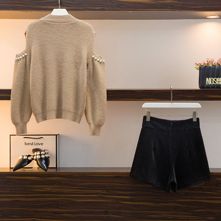 Theoneshopsレディース ファッション ルーズ セーター+ブラック パンツ セットアップ