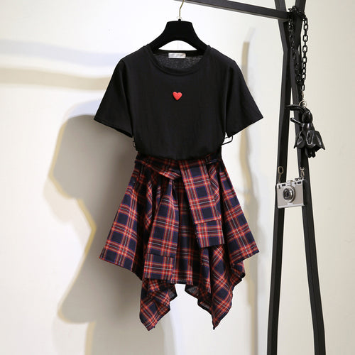 Theoneshopsファッション レディース 通販 ラウンドネック Tシャツ チェック柄 スカート セットアップ