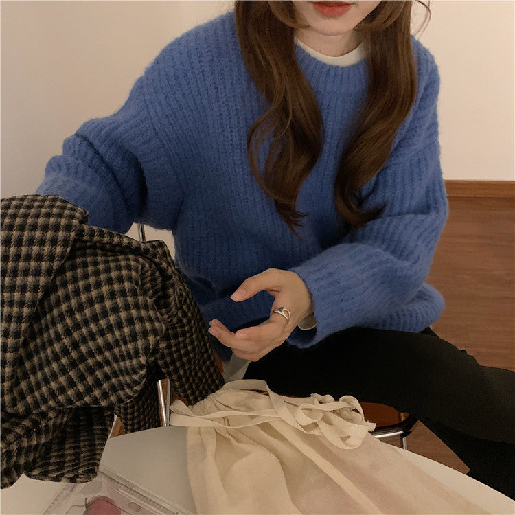 フェミニン ラウンドネック 無地 ルーズ カジュアル 韓国 セーター