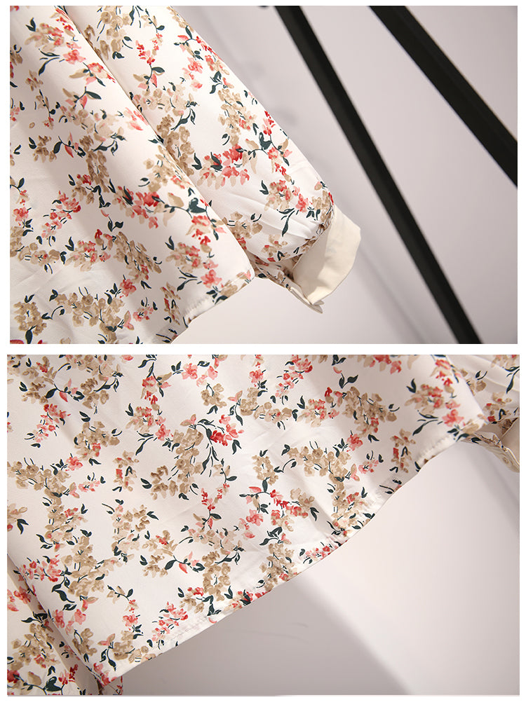リボンカラー オシャレ 花柄 シャツ+無地 ハイウエスト 学園風 スカート セットアップ
