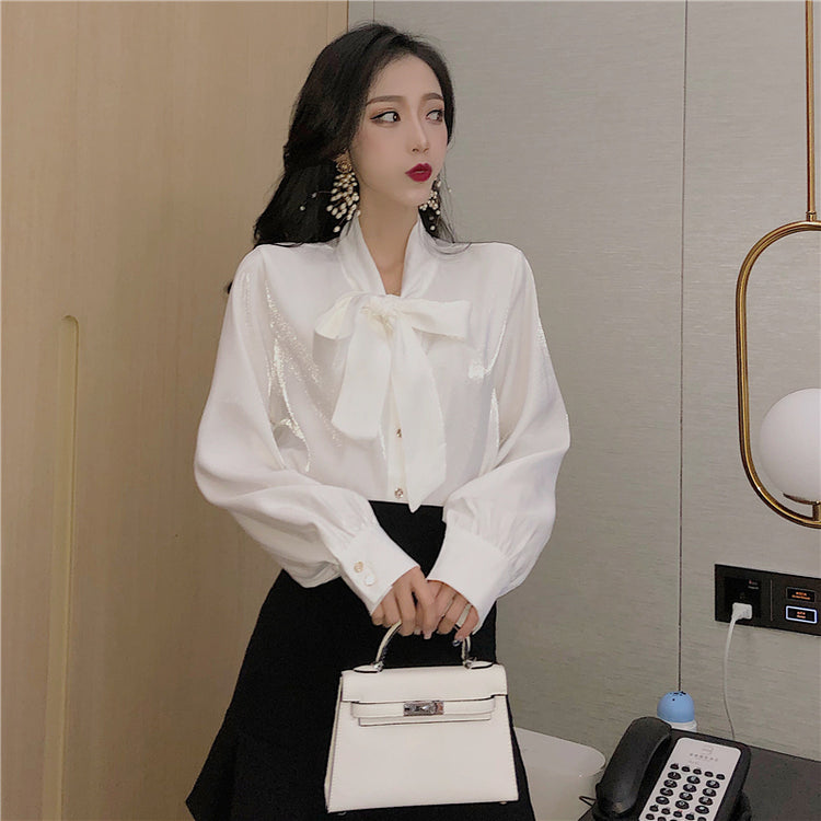 ファッション 無地 韓国系 ルーズ リボン スウェット トップス 白 シャツ